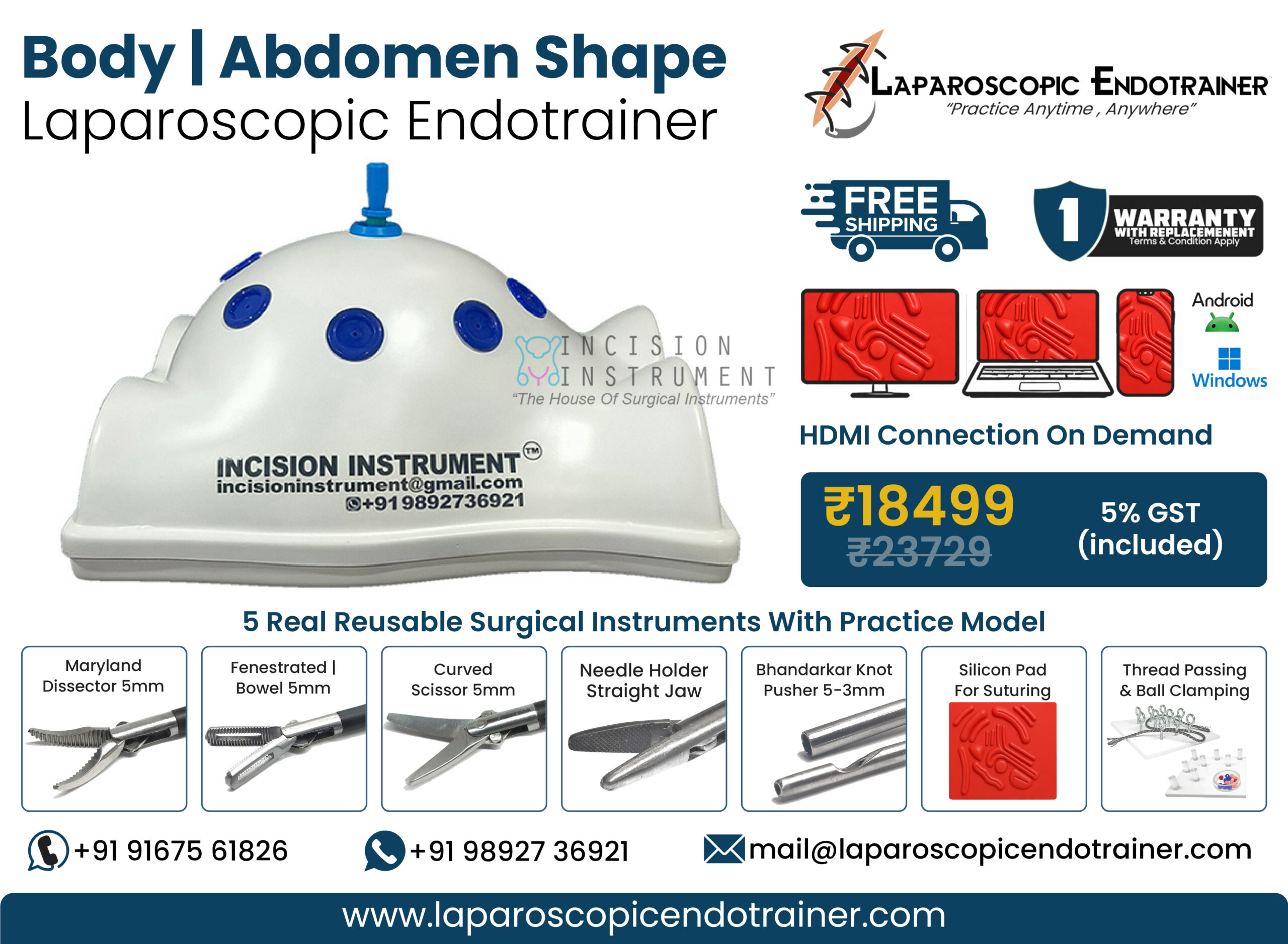 Laparoscopic Virtual Video Endo Trainer Kit Full Body Shape with 1080P HD Camera, 5 Reusable Stainless Steel Laparoscopic Instruments, Suturing Pad, Training Modules, CE Certified Surgical Simulator for Laparoscopic Training in India