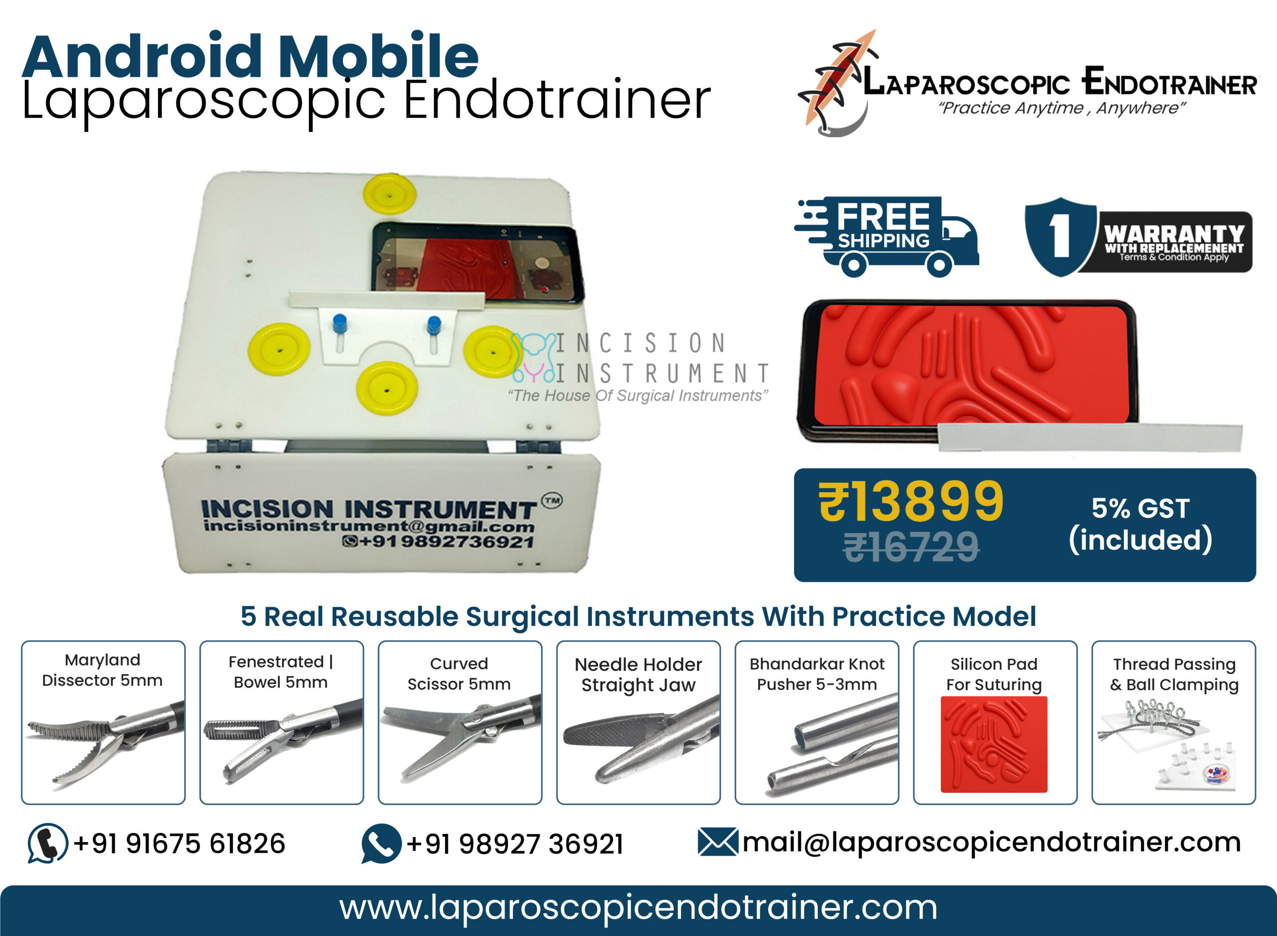 Laparoscopic Android Mobile Version Portable Endo Trainer Kit with 5 Reusable Stainless Steel Laparoscopic Instruments, Suturing Pad, Thread Passing Module, CE Certified Portable Surgical Training Simulator for Laparoscopic Skill Development