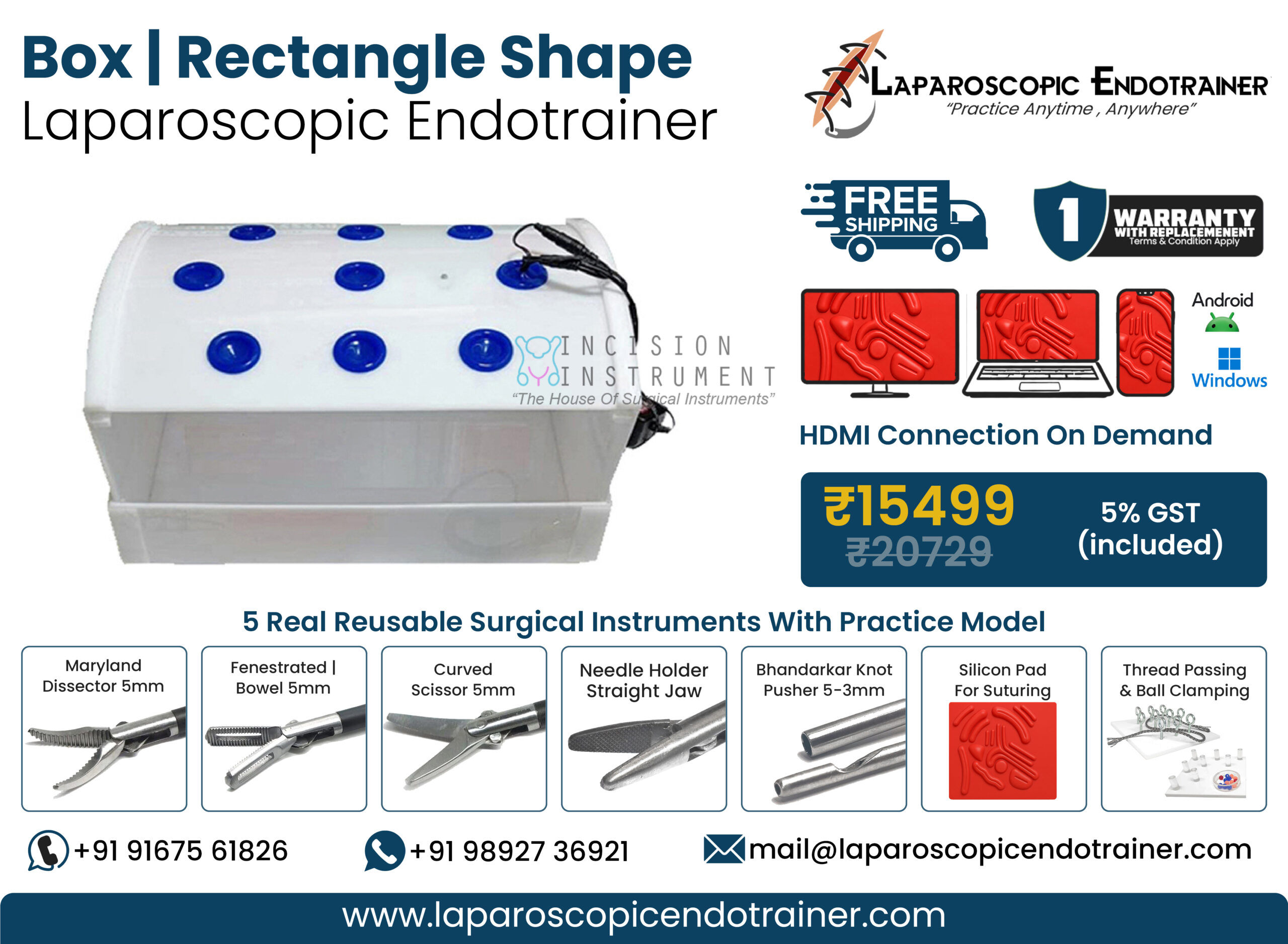 Laparoscopic Virtual Video Endo Trainer Acrylic Rectangle Box Shape with 1080P HD Camera, 360° Rotation, Zoom-In Zoom-Out Function, 5 Reusable Stainless Steel Laparoscopic Instruments, CE Certified Surgical Training Simulator