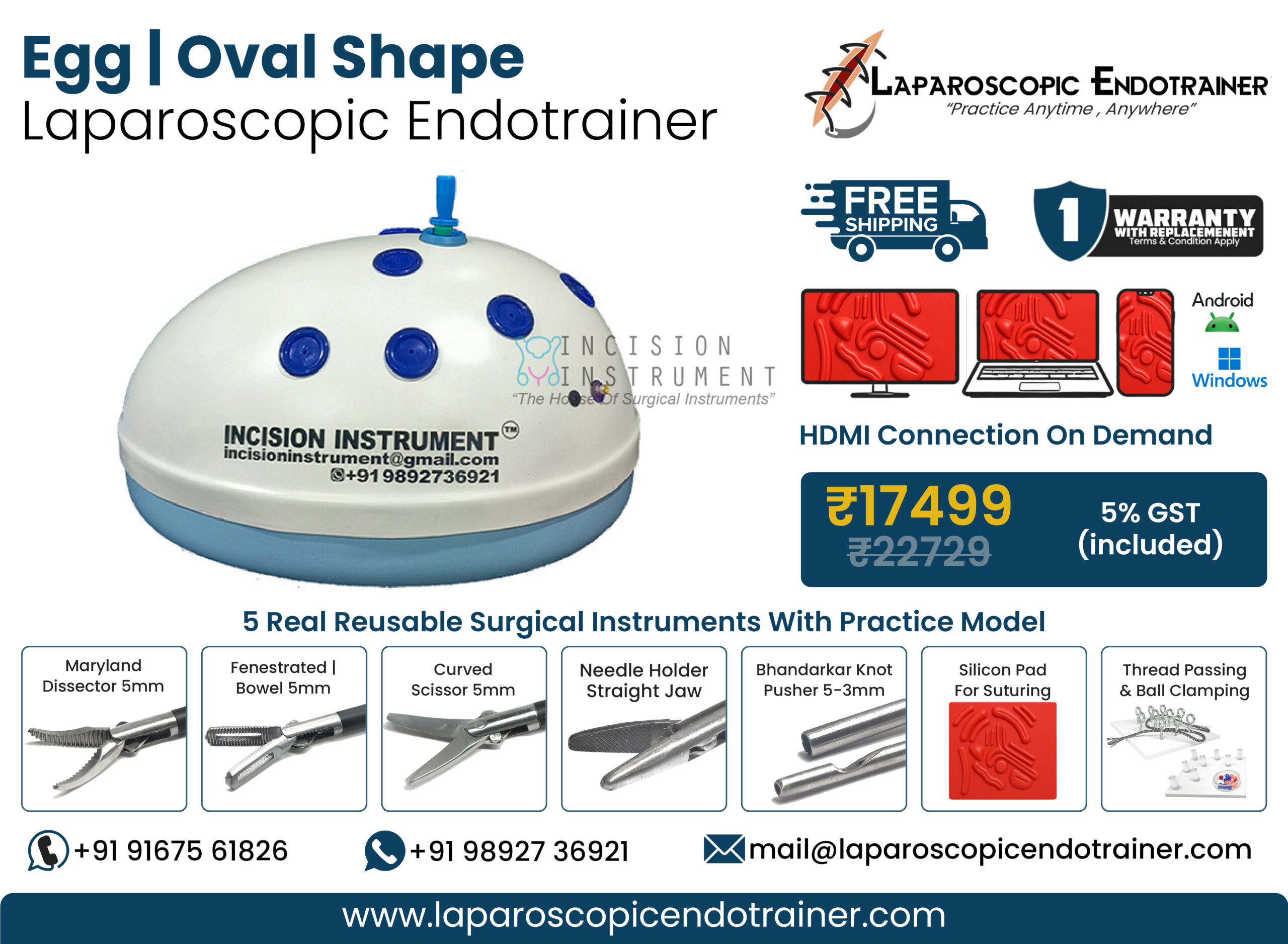 Laparoscopic Virtual Video Endo Trainer Kit Egg Abdomen Oval Shape with 1080P HD Camera, 5 Reusable Stainless Steel Laparoscopic Instruments, Suturing Pad, Thread Passing Module, CE Certified Surgical Training Simulator India