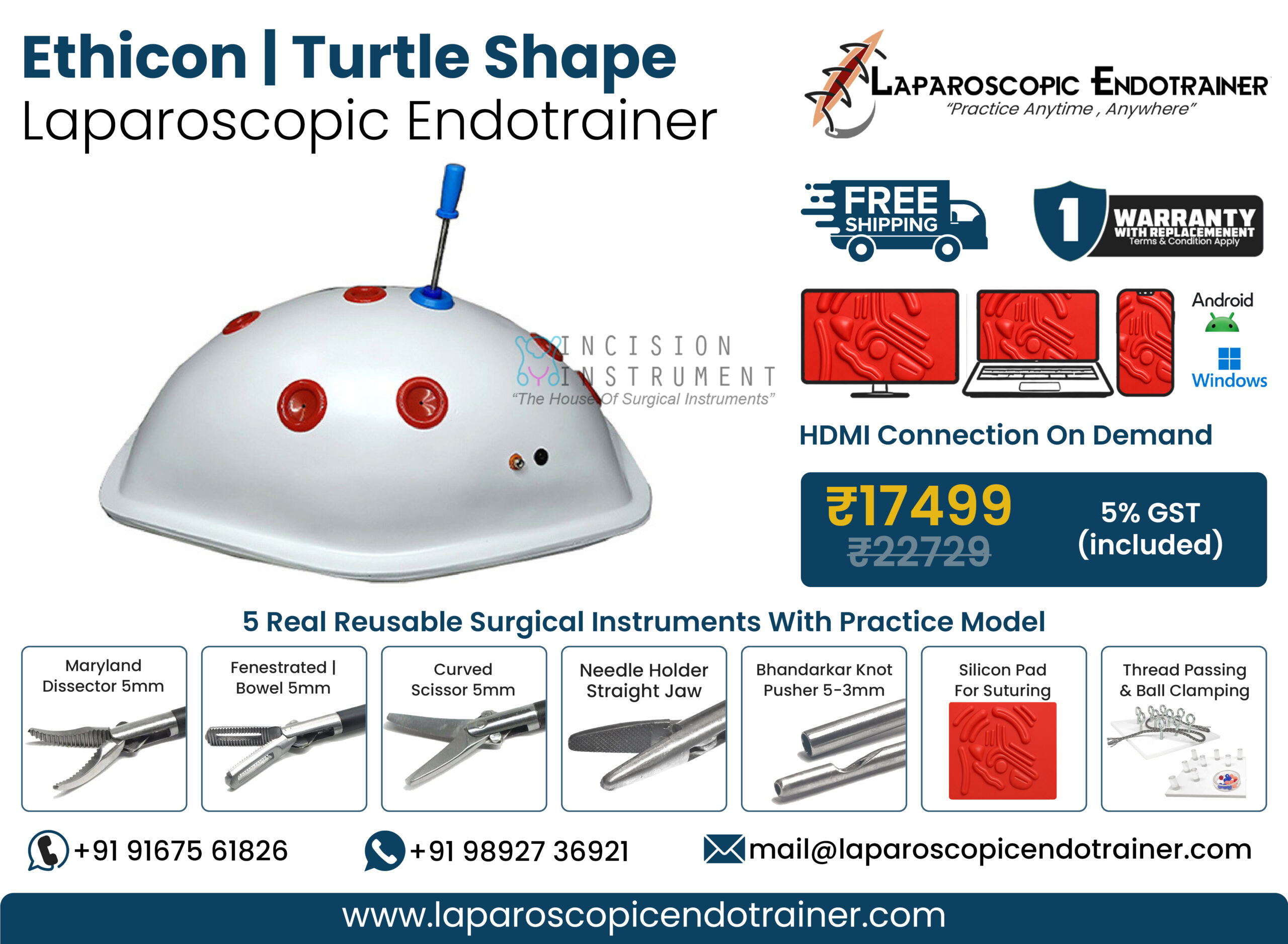 Laparoscopic Virtual Video Endo Trainer Ethicon Type Turtle Shape with 1080P HD Camera, 360° Rotation, Zoom-In Zoom-Out Function, 5 Reusable Stainless Steel Laparoscopic Instruments, CE Certified Surgical Training Simulator