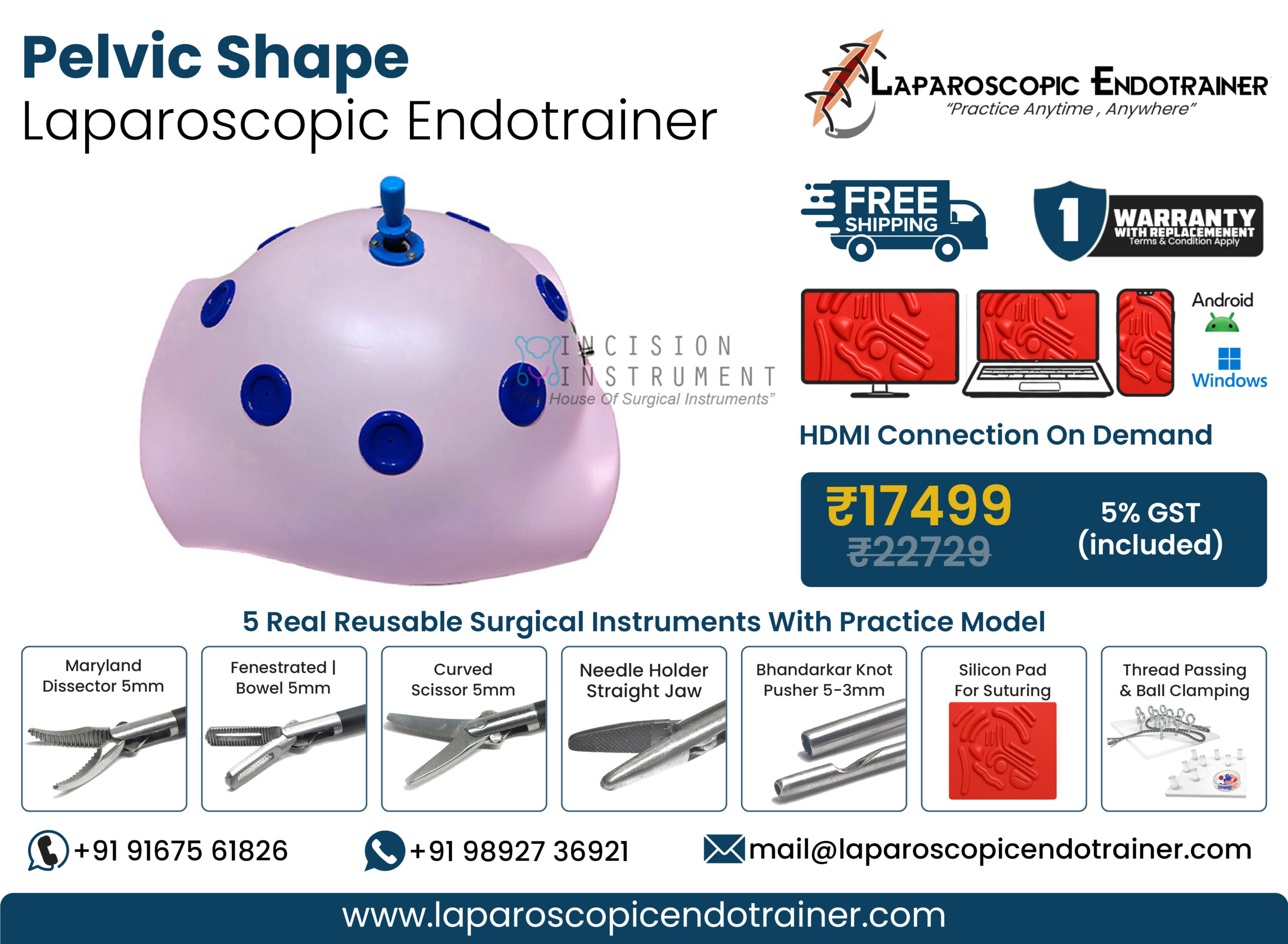 Laparoscopic Virtual Video Endo Trainer Pelvic Shape with 1080P HD Camera, 360° Rotation, Zoom-In Zoom-Out Function, 5 Reusable Stainless Steel Laparoscopic Instruments, CE Certified Surgical Training Simulator