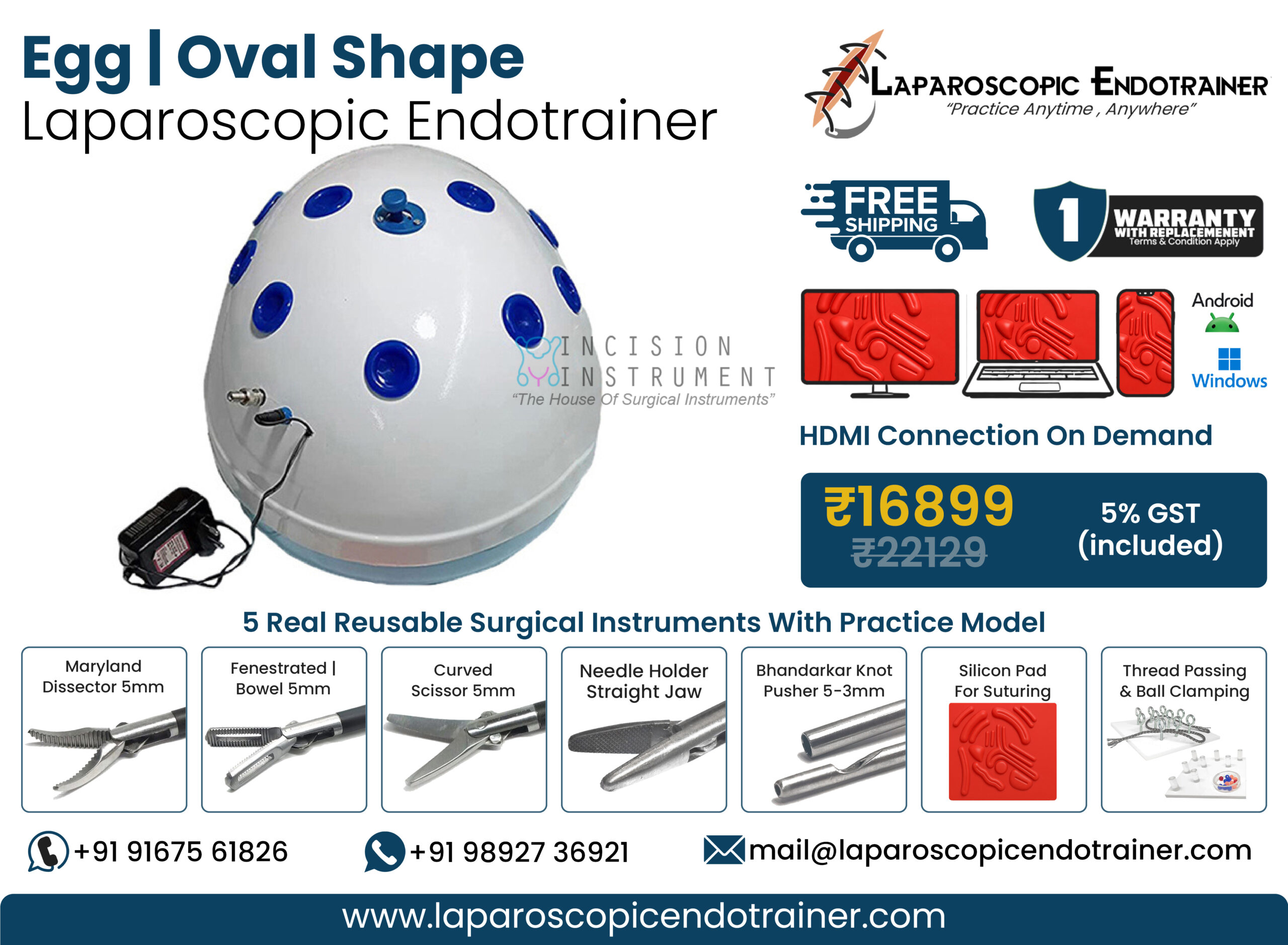 Laparoscopic Virtual Video Endo Trainer Egg Abdomen Oval Shape Anda Shape with Fixed 1080P HD Camera, 360° Rotation, Zoom-In Zoom-Out Function, 5 Reusable Stainless Steel Laparoscopic Instruments, CE Certified Surgical Training Simulator India