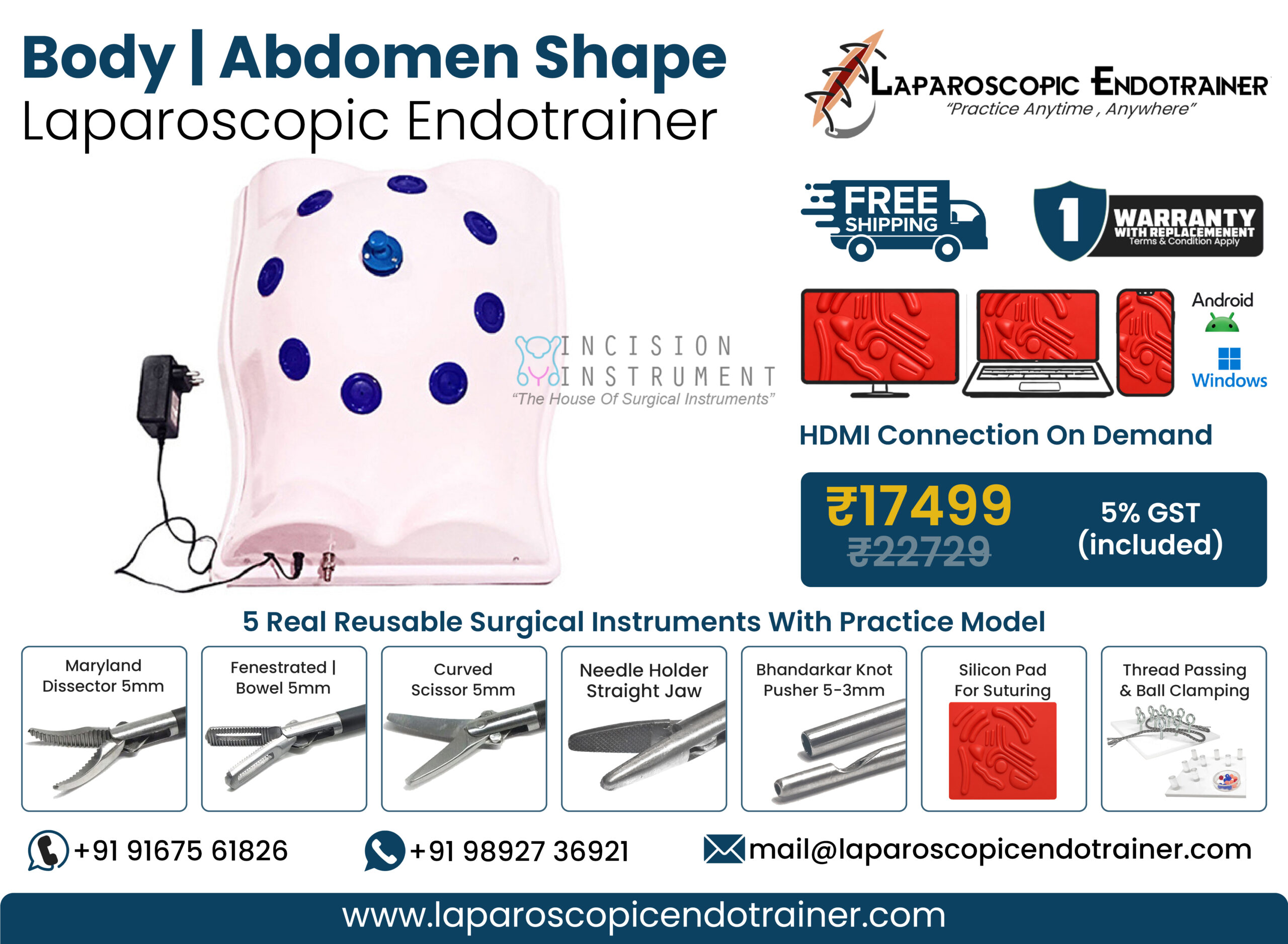 Laparoscopic Virtual Video Endo Trainer Full Body Shape Abdomen Shape with Fixed 1080P HD Camera, 360° Rotation, Zoom-In Zoom-Out Function, 5 Reusable Stainless Steel Laparoscopic Instruments, CE Certified Surgical Training Simulator