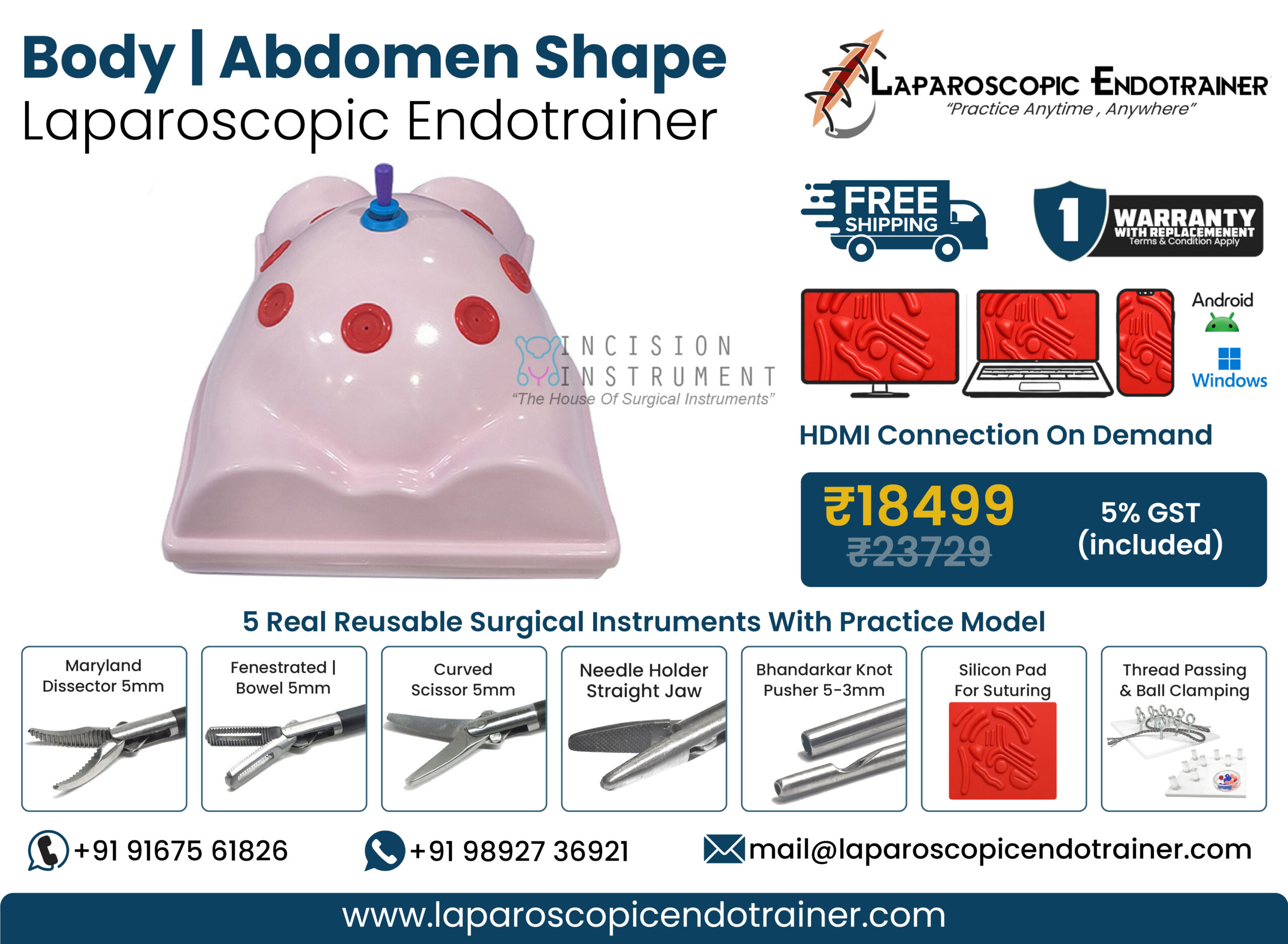 Laparoscopic Virtual Video Endo Trainer Full Body Shape Abdomen Shape with 1080P HD Camera, 360° Rotation, Zoom-In Zoom-Out Function, 5 Reusable Stainless Steel Laparoscopic Instruments, CE Certified Surgical Training Simulator